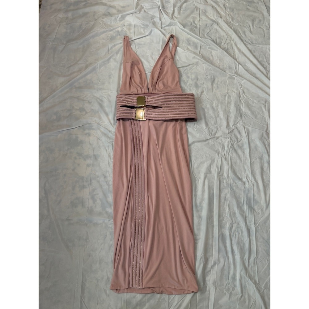ZHIVAGO The Muse Dress Pink Plunge V-Neck Gold Belt High‎ Slit Midi Dress S